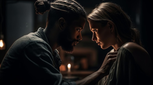 Un homme et une femme se regardent dans une pièce sombre.