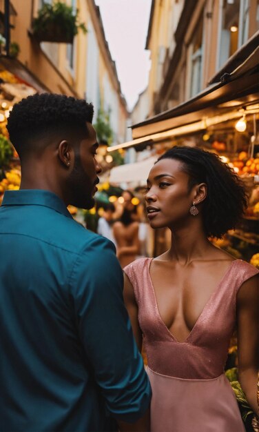 un homme et une femme se regardent et une femme en robe rose regarde l'homme