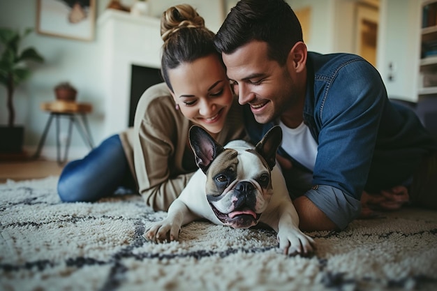 Un homme et une femme se relaxant sur le sol avec leur chien à côté d'eux AI générative