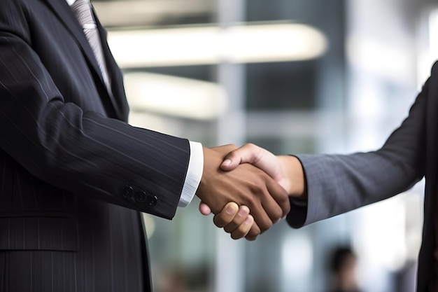 homme et femme se serrant la main portant des costumes dans un bureau