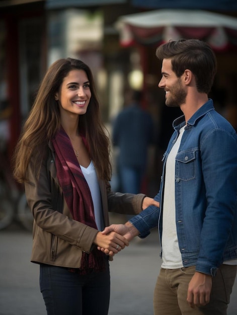 un homme et une femme se serrent la main dans la rue.