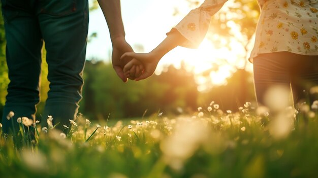 Un homme et une femme se tenant par la main avec amour et relation avec une prairie verte bl IA générative