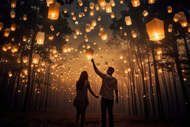 Un homme et une femme se tenant par la main sous des lanternes
