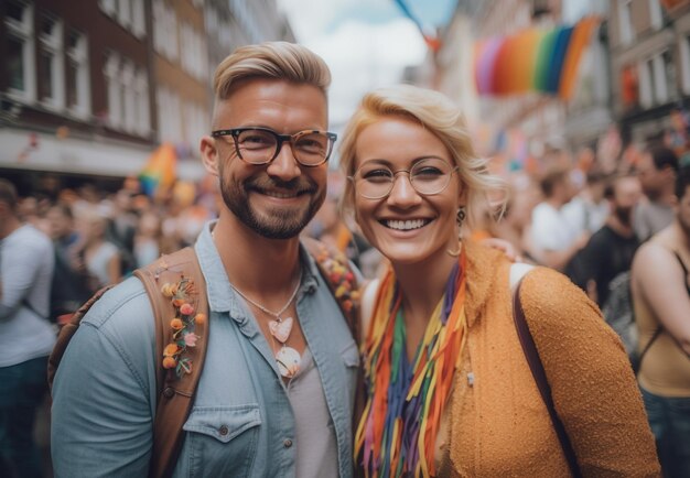 Un homme et une femme se tiennent dans une rue avec un drapeau arc-en-ciel sur la gauche.