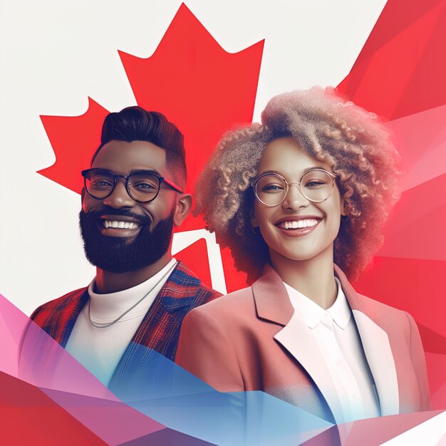 Un homme et une femme se tiennent devant un drapeau canadien.