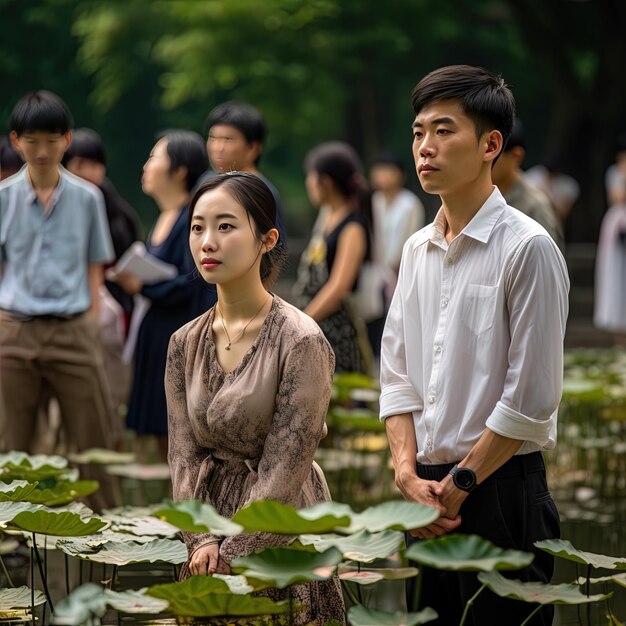 un homme et une femme se tiennent devant un étang avec des lis d'eau