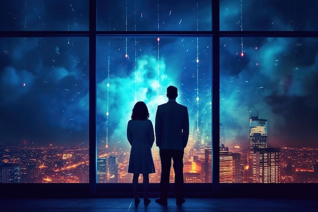 Un homme et une femme se tiennent devant la fenêtre d'un gratte-ciel en regardant le paysage urbain dynamique et vibrant sous eux Les lumières colorées et l'énergie explosive créent une atmosphère palpitante AI générative