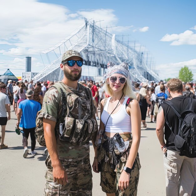 un homme et une femme se tiennent devant une foule de gens