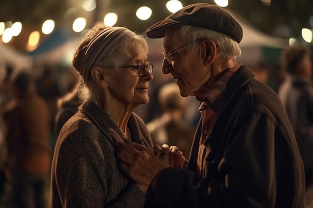 Un homme et une femme se tiennent devant une guirlande lumineuse