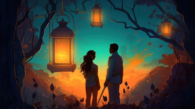 Un homme et une femme se tiennent devant une lanterne qui dit "l'amour est dans l'air"