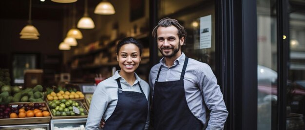 un homme et une femme se tiennent devant un restaurant