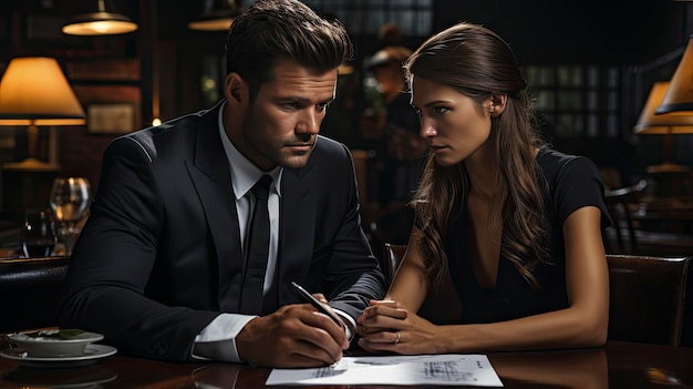 un homme et une femme signant un document avec une femme en costume.