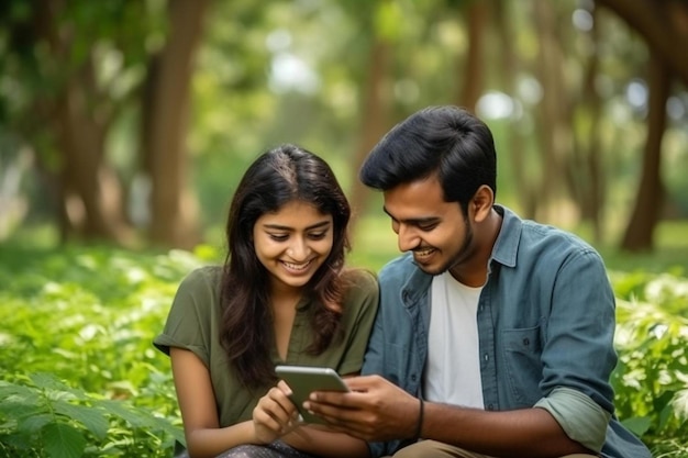 un homme et une femme sont assis sur un banc et regardent une tablette