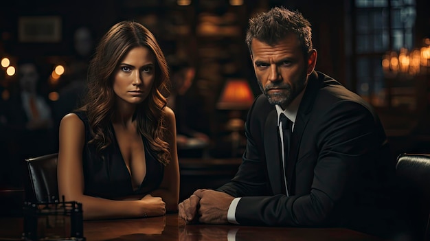 un homme et une femme sont assis sur un bar dans une pièce sombre.