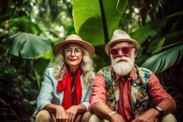 Un homme et une femme sont assis dans une jungle avec un chapeau et des lunettes.