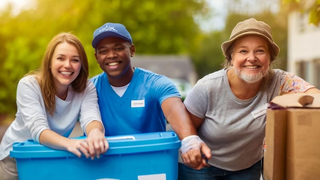 un homme et une femme sont assis dans une poubelle bleue