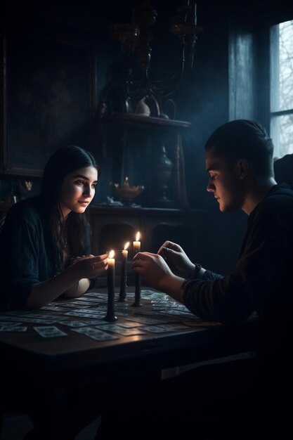 Un homme et une femme sont assis à une table avec une bougie allumée dans le noir.