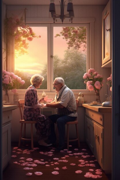 Photo un homme et une femme sont assis à une table devant une fenêtre ornée d'une fleur rose.