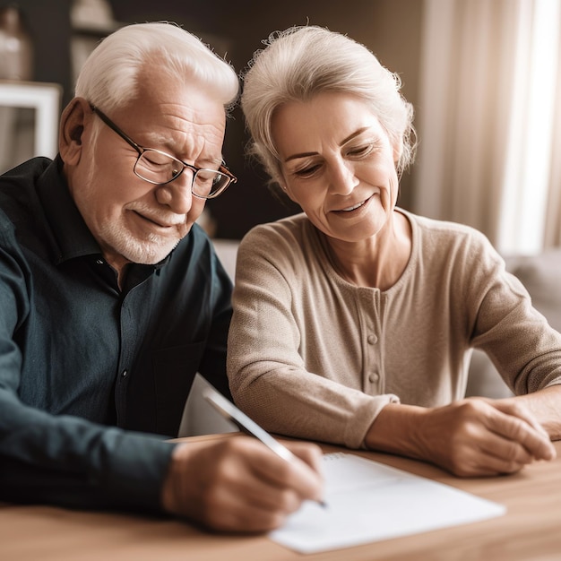 Un homme et une femme sont assis à une table et écrivent sur une feuille de papier.