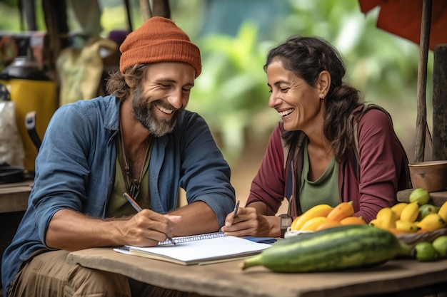 Un homme et une femme sont assis à une table avec des fruits et des légumes.