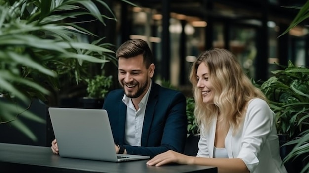 un homme et une femme sont assis à une table avec un ordinateur portable