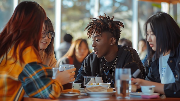 Photo un homme et une femme sont assis à une table avec des tasses de café et une femme les regardant