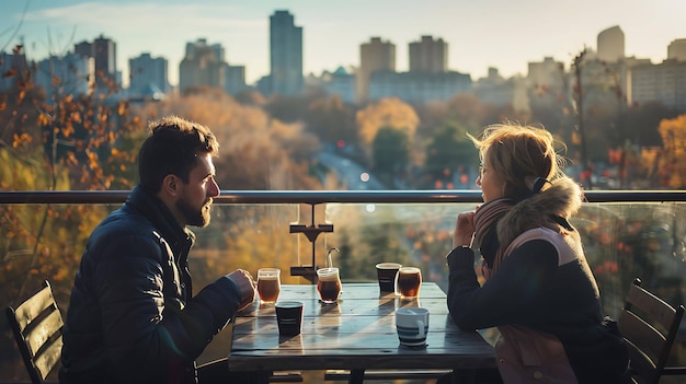 Photo un homme et une femme sont assis à une table sur une terrasse sur le toit regardant la ville
