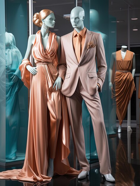 Photo un homme et une femme sont dans une vitrine avec des robes sur les mannequins