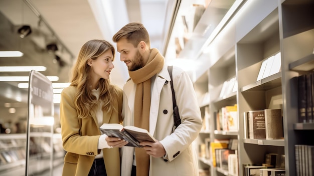 Un homme et une femme sont debout dans une bibliothèque à regarder un livre ensemble