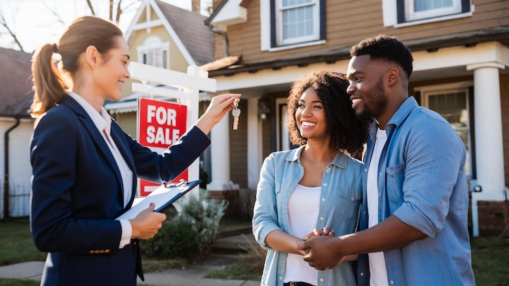 Photo un homme et une femme sont à l'extérieur d'une maison avec un panneau disant à vendre