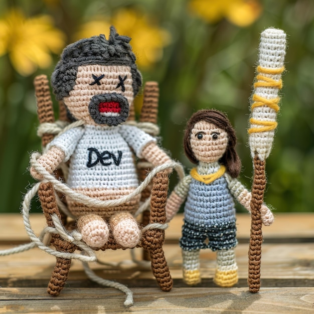 Photo un homme et une femme sont faits de fil et une poupée avec une chemise qui dit crochet