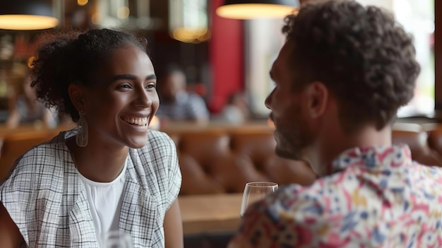 Photo un homme et une femme souriant à une table avec un verre de vin