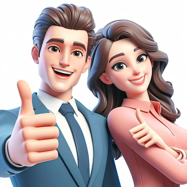 un homme et une femme souriants montrent les pouces vers le haut sur un fond blanc caractère 3D ai génératif