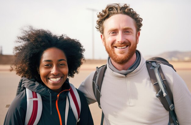 Un homme et une femme souriants avec des sacs à dos debout près l'un de l'autre dans un désert