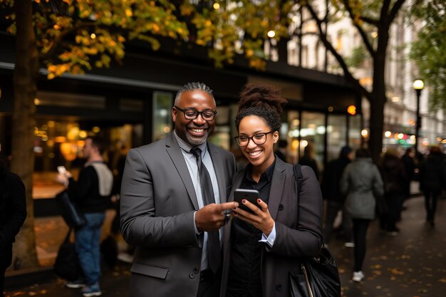 Un homme et une femme sourient à la caméra tout en regardant un téléphone portable