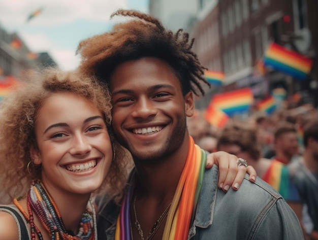 Un homme et une femme sourient devant la caméra lors d'un défilé.