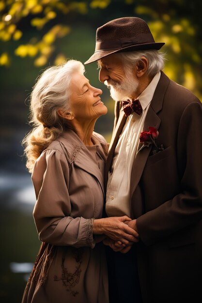 Un homme et une femme sourient ensemble dans un parc avec des arbres en arrière-plan.