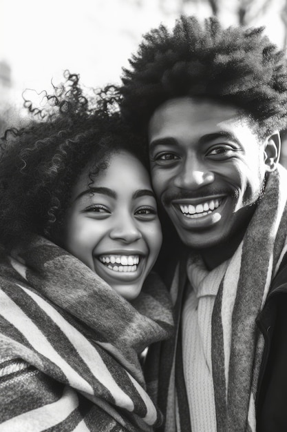 Un homme et une femme sourient et portent une écharpe qui dit "l'amour est dans l'air"