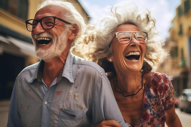 Un homme et une femme sourient et rient ensemble.