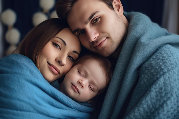 Homme et femme tenant un adorable bébé enveloppé dans une couverture bleue Generative AI