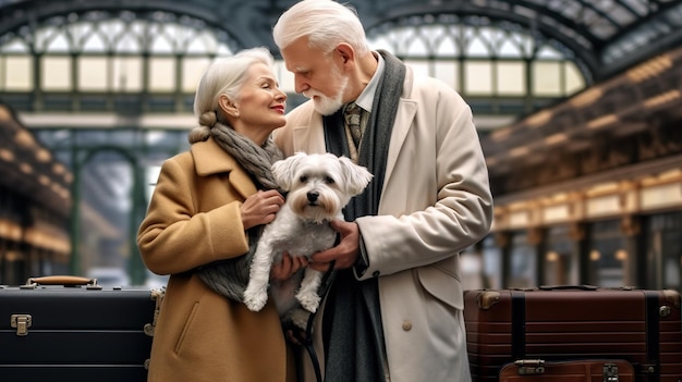 Un homme et une femme tenant un chien dans une image ai générative de la gare