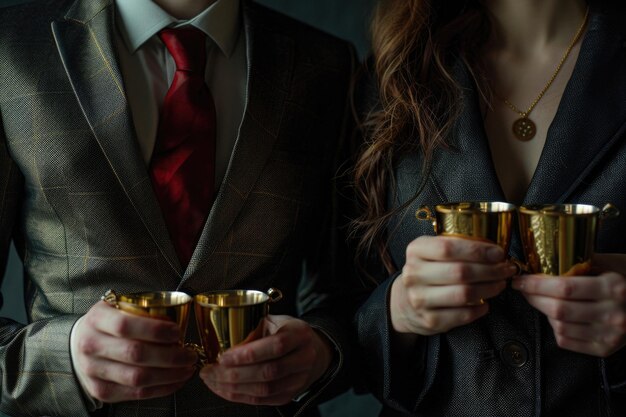 Photo un homme et une femme tenant des coupes en or idéales pour les événements de célébration