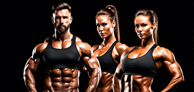 homme et femme torsos musclés sportifs d'une femme et d'un homme sur un fond noir concept de conception pour un