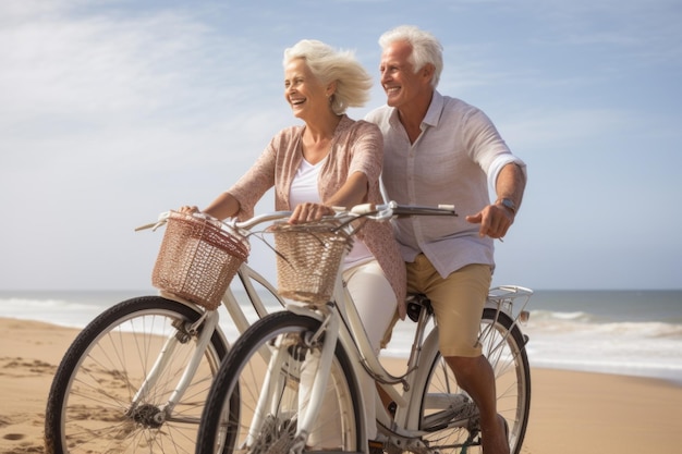 Un homme et une femme en train de faire du vélo sur la plage