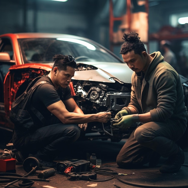 un homme et une femme travaillant sur une voiture avec le capot relevé.