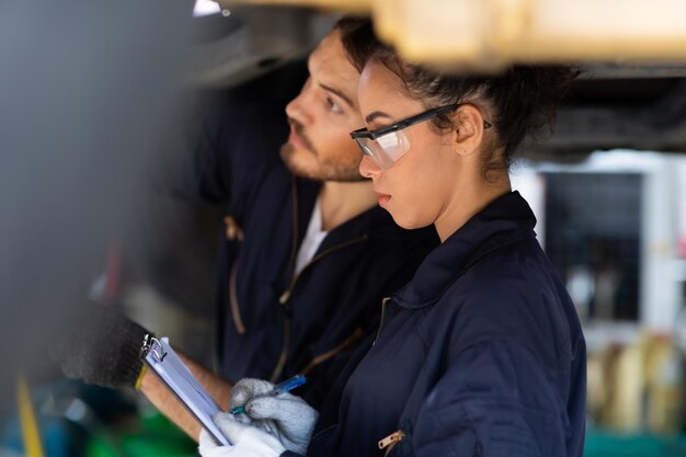 Photo un homme et une femme travaillent dans un garage.