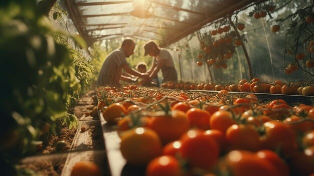 Un homme et une femme travaillent dans une serre avec des tomates en bas à droite.