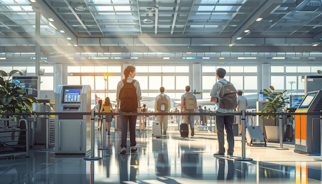 Un homme et une femme traversent un grand terminal d'aéroport par une image générée par AI
