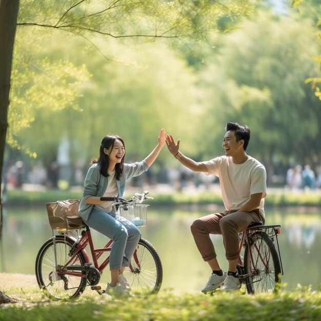 un homme et une femme à vélo se donnant mutuellement un high five