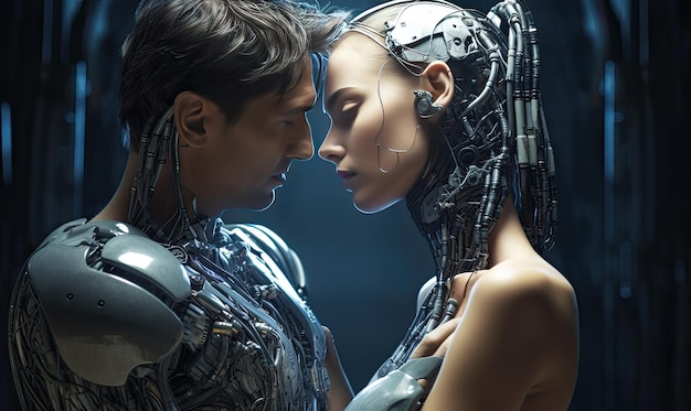 Un homme et une femme vêtus de gadgets futuristes